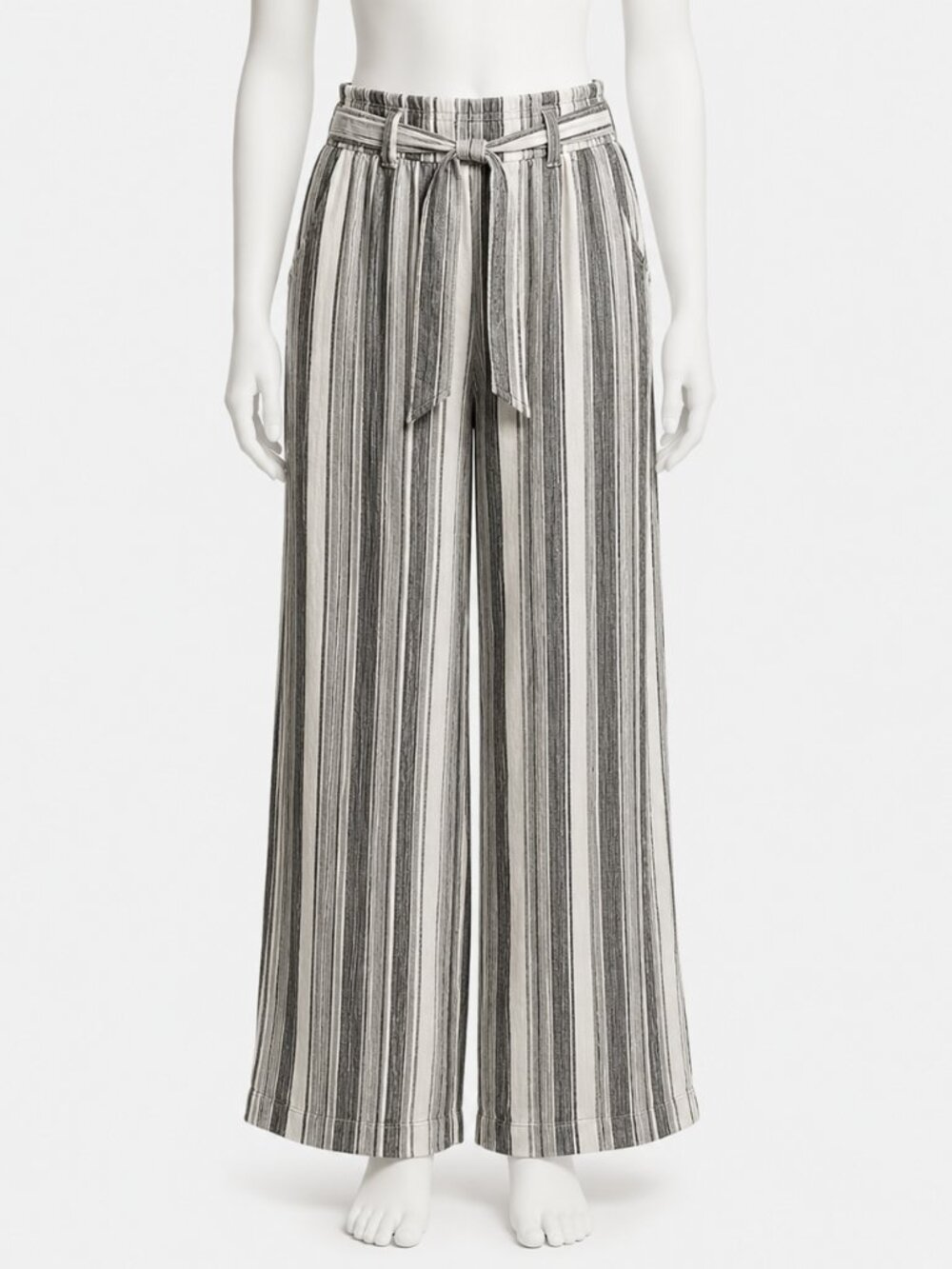 Jolt Black and White Striped Tie Waist Linen Blend Pants